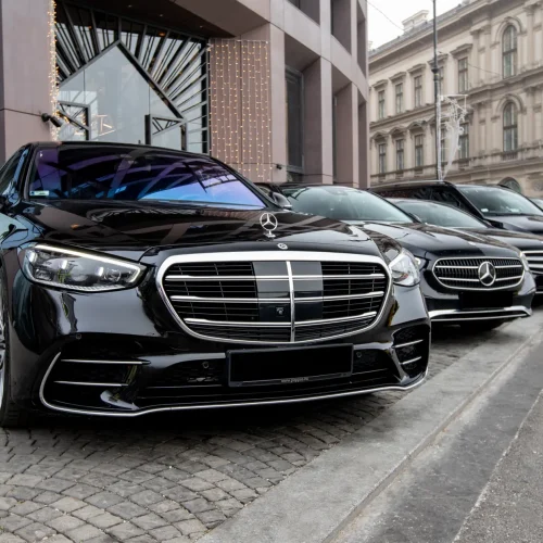 Mercedes fleet waiting for airport transfers