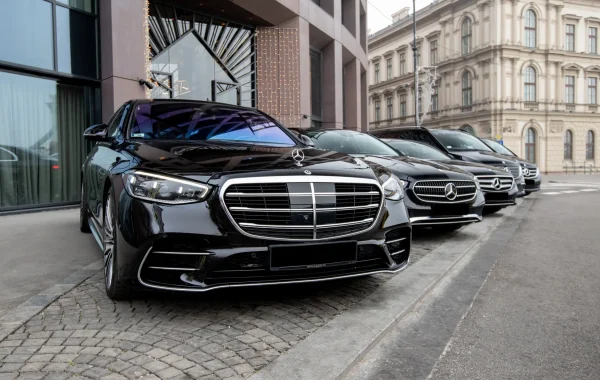 Mercedes fleet waiting for airport transfers